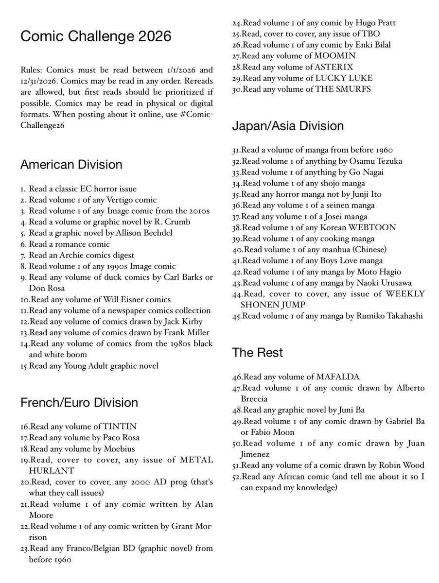 StAdkison's tweet image. ALRIGHT! Step on up and take the first annual Comics Challenge! 52 weeks. 52 categories. 52 comics. Expand your horizons and read something new. Post your list and use #ComicChallenge2026!
1/5