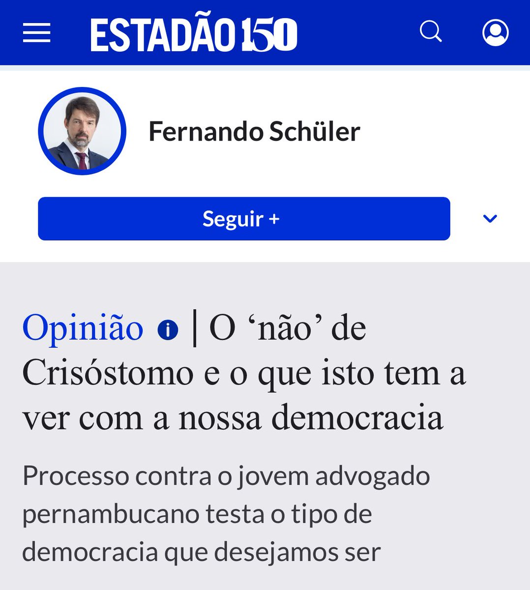 Outro artigo magnífico do Fernando Schüler - um autêntico herói da resistência. 👏👏👏

“Tempos atrás listei aqui dez casos de censura no Brasil recente. Hoje trato apenas de um. Um caso simbólico do País que vamos nos tornando. O foco da vez é Thomas Crisóstomo, jovem advogado