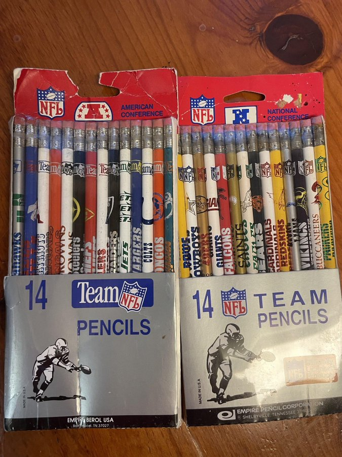 KalshiFB's tweet photo. NFL pencils from the late 1980s. https://t.co/0yfC7QeBjH