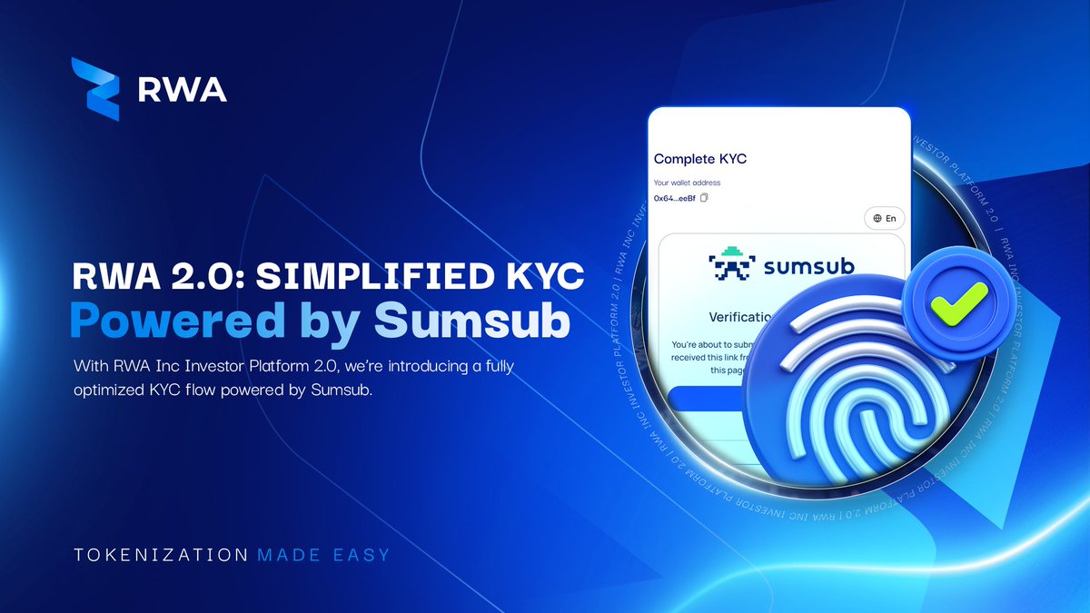 RWA_Inc_'s tweet image. You want to join a platform, but KYC stops you?

That’s changing.

As part of the RWA Inc Investor Platform 2.0, we’re rolling out a fully optimized KYC flow powered by Sumsub.

Step 1: Start verification 
Step 2: Upload your ID 
Step 3: Quick camera verification 
Step 4:…