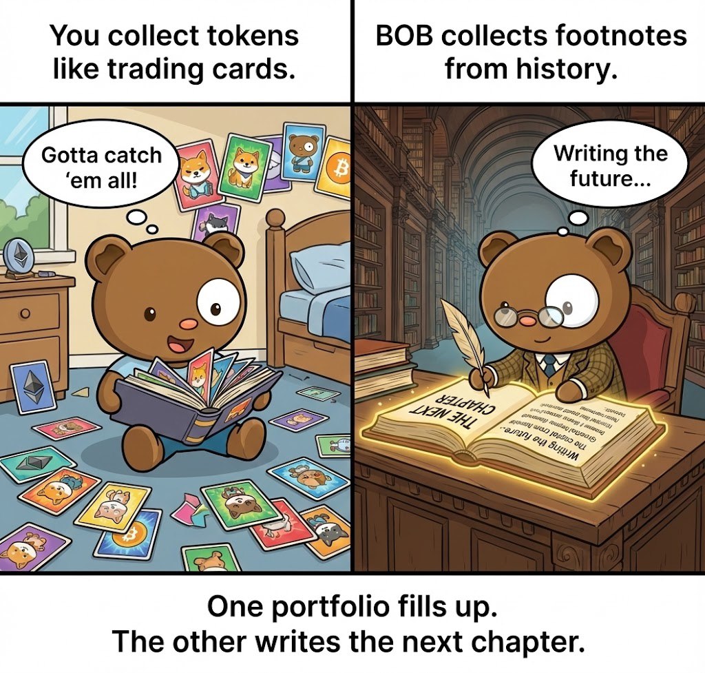 BobOgOnETH's tweet photo. You collect tokens like trading cards.

$BOB collects footnotes from history.

One portfolio fills up.

The other writes the next chapter. https://t.co/1XBbS0mBRX
