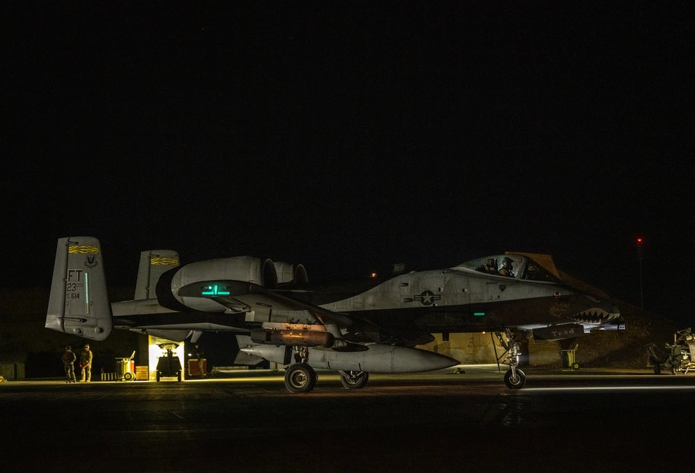 sentdefender's tweet image. U.S. Air Force A-10C Thunderbolt II “Warthog” Close-Air Support Attack Aircraft with the “Flying Tigers” of the 74th Fighter Squadron, prepare to takeoff last night from an airbase in the Middle East for strikes against the Islamic State (ISIS) in Syria, dubbed Operation Hawkeye…