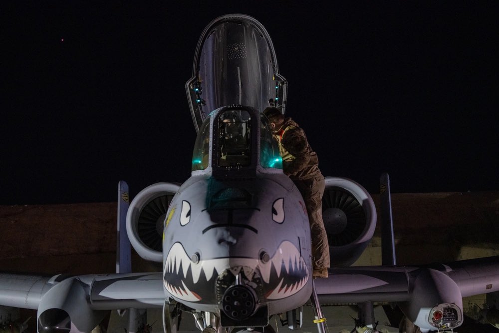 sentdefender's tweet image. U.S. Air Force A-10C Thunderbolt II “Warthog” Close-Air Support Attack Aircraft with the “Flying Tigers” of the 74th Fighter Squadron, prepare to takeoff last night from an airbase in the Middle East for strikes against the Islamic State (ISIS) in Syria, dubbed Operation Hawkeye…