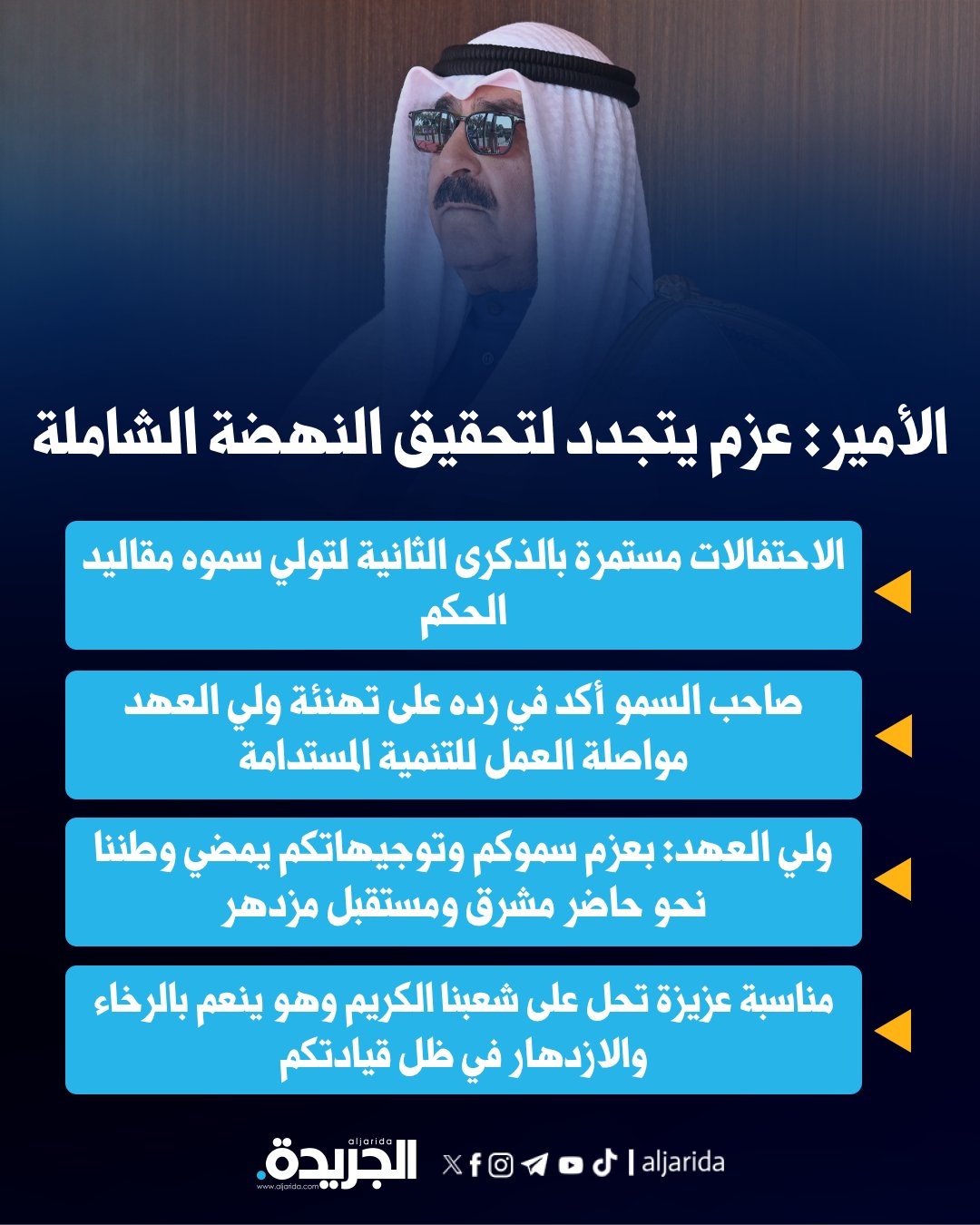 الأمير: عزم يتجدد لتحقيق النهضة الشاملة. الاحتفالات مستمرة بالذكرى الثانية لتولي سموه مقاليد الحكم. صاحب السمو أكد في رده على تهنئة ولي العهد مواصلة العمل للتنمية المستدامة 