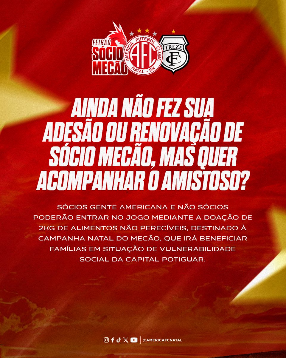 CLÁSSICO SOLIDÁRIO DO MECÃO! 🤝⚽ 

Na próxima segunda-feira (22), o América entra em campo contra o Treze-PB, na Arena das Dunas, em um amistoso onde o futebol também cumpre um importante papel social.

Ainda não é Sócio Mecão ou não conseguiu fazer sua adesão/renovação?

👉
