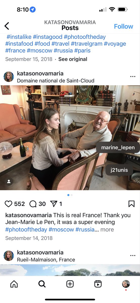 As shown on her Facebook page. Russian agent Maria Katasonova is friend with convicted Russian spy Anna Chapman who was returned in a prisoner exchange. This was taken in 2018. Katasanova is openly interfering in French elections and close with LePen.