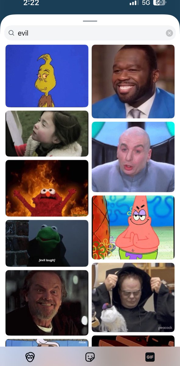 KazzFlow's tweet image. If you write “evil” on the gif icon, @50cent pops up no. 2, next to the grinch 🤣🤣🤣 You gotta love it! #50cent #SeanCombsTheReckoning • gunitbrands.com