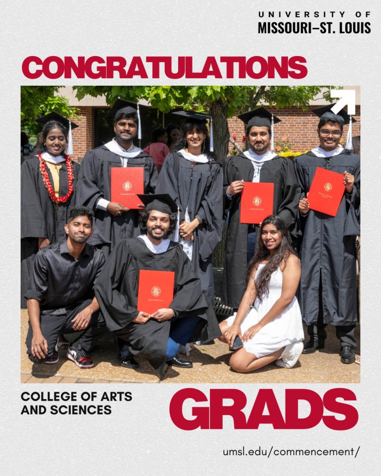 Congratulations to UMSL Fall 2025 graduates from the College of Arts and Sciences! Join us in celebrating their achievements and watch the commencement ceremony live at 1:30 p.m. (CDT) on Saturday, Dec. 20: umsl.edu/commencement/