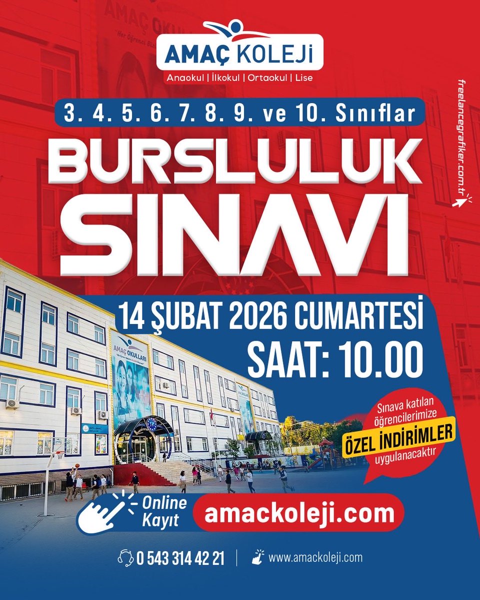 🎓✨ AMAÇ KOLEJİ BURSLULUK SINAVI ✨🎓
📚 3, 4, 5, 6, 7, 8, 9 ve 10. sınıflar için

🏆 Başarıyı ödüllendiren Bursluluk Sınavı Amaç Koleji’nde!

📅 14 Şubat 2026 Cumartesi
⏰ Saat: 10.00

🖱️ Online Kayıt: amackoleji.com
📞0543 314 42 21