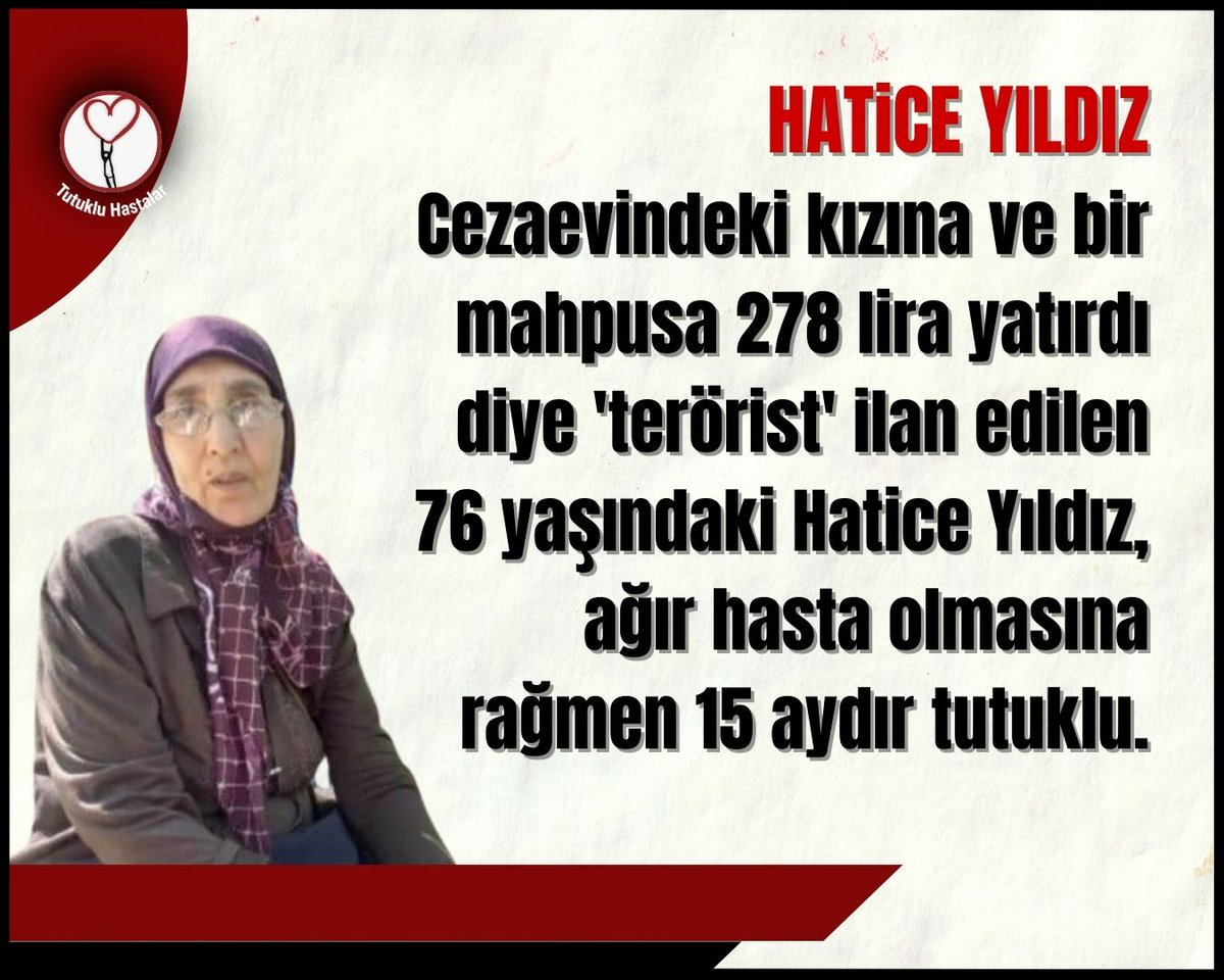 Yasar5112's tweet photo. Kızına ve kızının koğuş arkadaşına 278 lira gönderdi diye teröre finansman sağlamakla suçlanıp, sedyeyle 24 Mart 2024'te cezaevine götürülen Hatice Yıldız, @ADLITIPKURUMU'nun "Cezaevinde Kalamaz" raporu vermesine rağmen hala tahliye edilmedi
@adalet_bakanlik
AğırHastalara Tahliye https://t.co/47YjE0QeWb