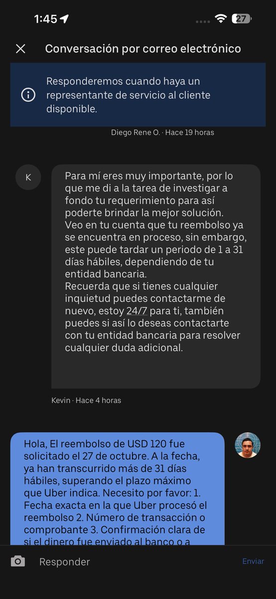 DiiegoD's tweet photo. @Uber_Support @Uber 
El plazo que mencionan (1–31 días hábiles) ya se cumplió.
El reembolso fue solicitado el 27/10 y hoy es 19/12.
Necesito fecha exacta de procesamiento y comprobante o referencia bancaria.
Decir “está en proceso” no es una solución. https://t.co/KmOjfeQI7A