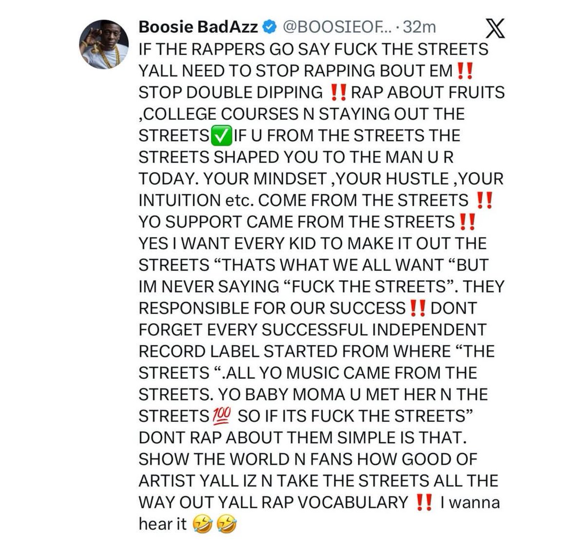 Akademiks's tweet image. Boosie reacts to the F the streets movement “if it’s f*ck the streets .. stop rapping bout it”