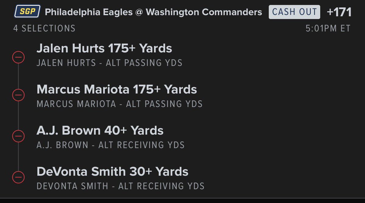 SharpSportsLLC's tweet photo. 12/20 NFL

Hurts 175/Mariota 175 pass yds/Brown 40/Smith 30 rec yds +171 4u 

via FanDuel https://t.co/QDFJWYtzQb