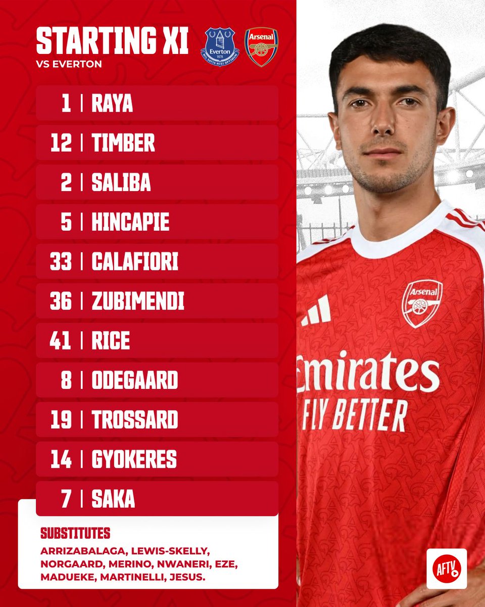 AFTVMedia's tweet photo. Our 𝐒𝐓𝐀𝐑𝐓𝐈𝐍𝐆 𝐗𝐈 against Everton tonight! 👊

Thoughts on the team selection? 🤔 https://t.co/bnd2WXKmPS