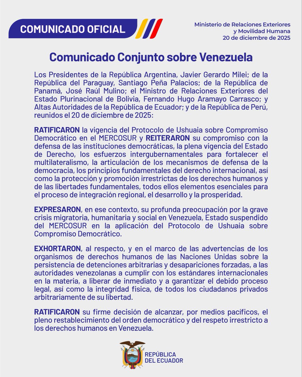 DIFUNDELOYA's tweet image. 🚨 ¡ÚLTIMA HORA VENEZUELA! 🚨🇻🇪

¡LO ÚLTIMO! 🇻🇪 🇦🇷 🇵🇦 🇵🇾 🇧🇴 🇵🇪 🇪🇨

Comunicado conjunto sobre Venezuela:

Presidentes de Argentina, Paraguay, Panamá, Bolivia, Ecuador, Perú 

"Venezuela no es “un caso político”, es una crisis humanitaria y de derechos humanos."