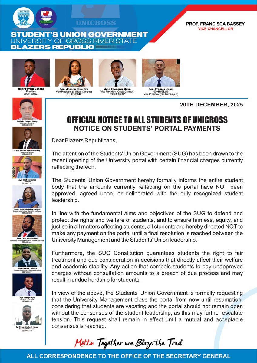 noahexcel's tweet photo. @PressCrutech @CrossRiverVine @NELFUND @crossriverwatch  UNICROSS students are in danger of being forced out of school. An over 100% increase in school fees has been imposed without provocation by the Vice Chancellor of the University of Cross River State.  help us!!! https://t.co/t280zwIhA9