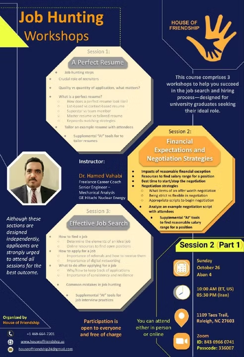 hoffriendship's tweet photo. Our Job Hunting Workshop continued with Session 3 on financial negotiations. Led by Dr. Hamed Vahabi, we learned to set realistic salary expectations, research market value, and use effective negotiation strategies—turning numbers into a conversation about worth. 1/2 https://t.co/P8v4KK2bUe