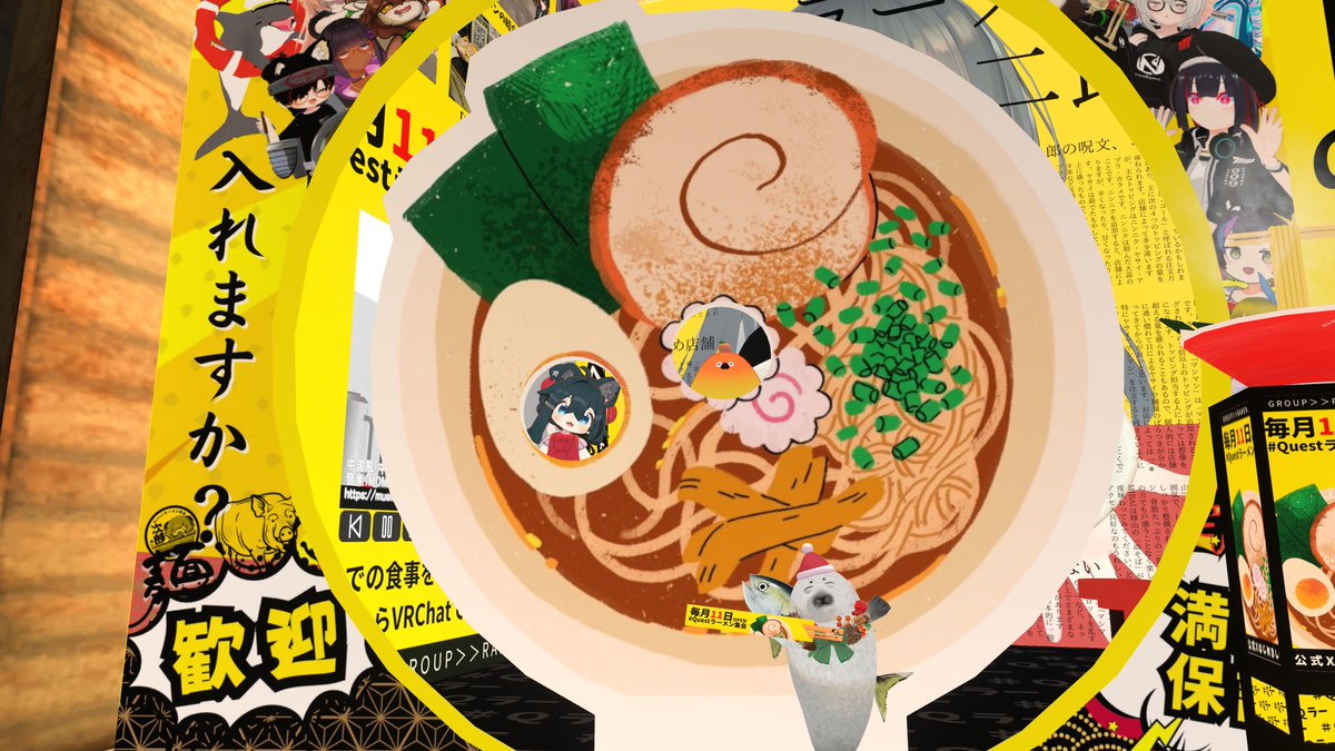 sotelion6's tweet photo. 1)雪降るガソリンスタンドからスタート
2)掴めると聞いて、早速えのさんが伸ばしてくれた烏帽子状態サンタ帽
3)デフォルメでも深夜のラーメン絵見ると突然感じる空腹感…
4)｢これ今日の禁断のおやつね｣と渡されたのは『ごきげんアザラシ』でした
#VRChat #VRC日記 #午前3時禁断のアザラシ #アザラシ https://t.co/Xj6HwCsqnd