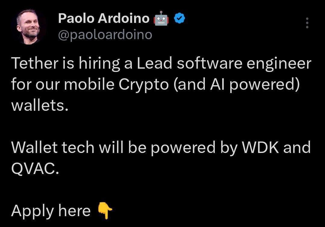 🔴COINTELGRAPH: "Tether cerca un ingegnere software senior per i suoi portafogli mobili crypto e alimentati da intelligenza artificiale!"