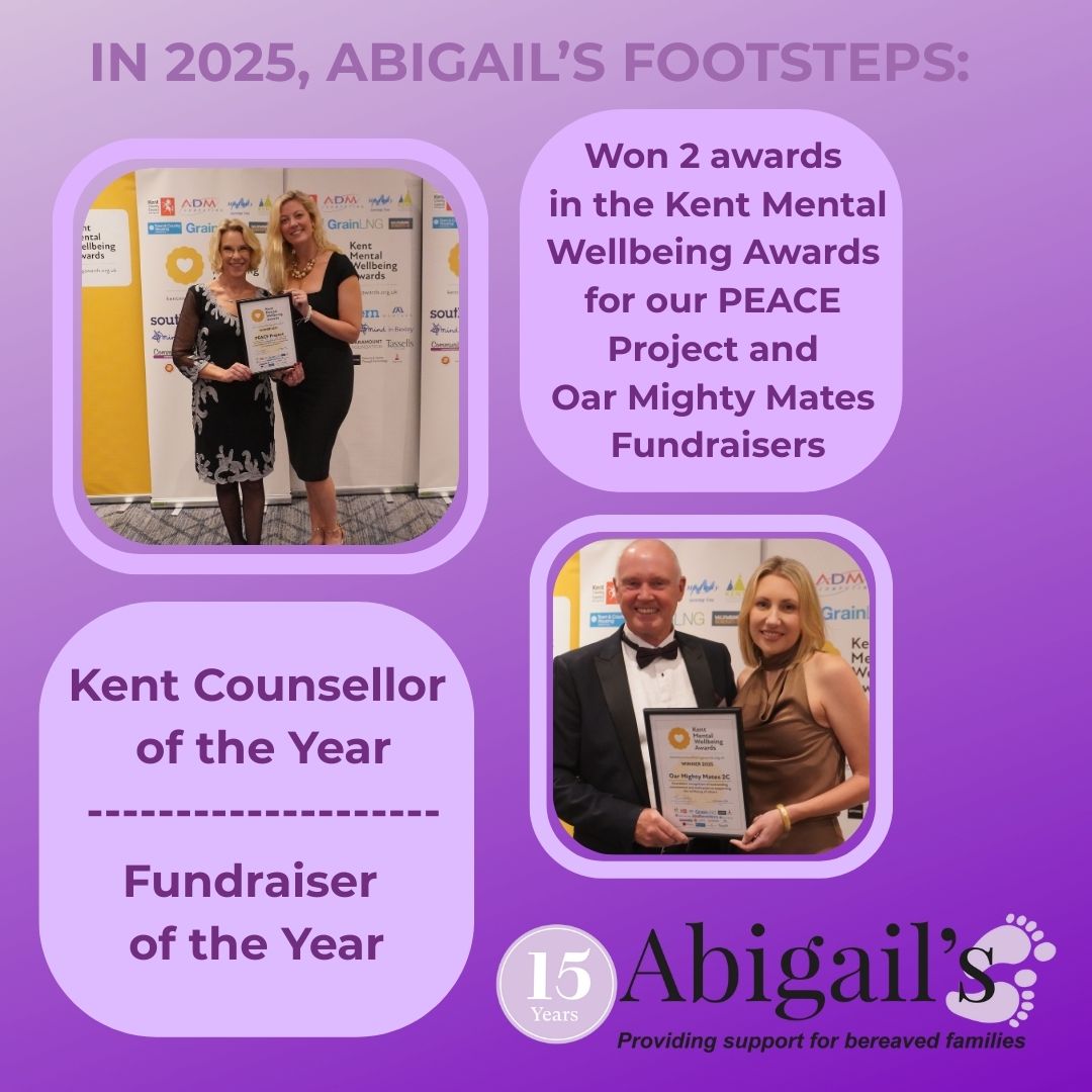 💜 The Abigail’s Footsteps Team enjoyed celebrating at the Kent Mental Wellbeing Awards where we were the proud recipients of 2 awards.

💜 Thank you to our brilliant team and all our supporters who made this possible.