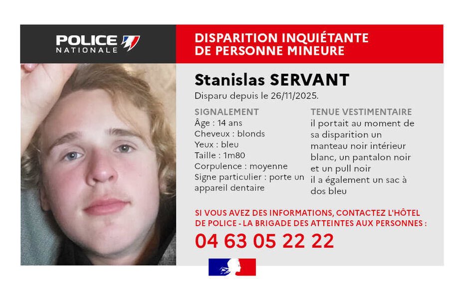FranceNews24's tweet image. [🚨APPEL À TEMOINS] Un appel à témoins a été lancé dans le Puy-de-Dôme pour retrouver Stanislas Servant, 14 ans, porté disparu depuis le 26 novembre à Clermont-Ferrand. Il est introuvable depuis plus de trois semaines.