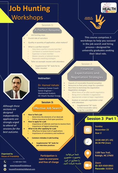hoffriendship's tweet photo. Our Job Hunting Workshop continued with Session 5 on effective job search strategies. Led by Dr. Hamed Vahabi, we covered how to identify ideal roles, use online platforms, leverage referrals, and network digitally—all while avoiding common application mistakes. 1/2 https://t.co/SSD4SACYIP