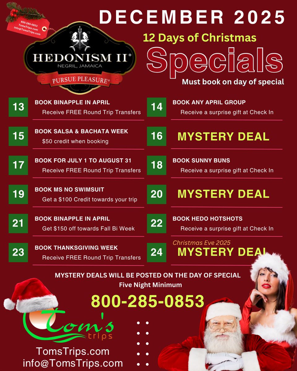12 DAYS OF CHRISTMAS – TODAY’S MYSTERY DEAL IS LIVE! 

It’s December 20th, and today’s deal is one of those blink-and-you-miss-it specials 👀

🎁 TODAY = A MYSTERY PRIZE
Book today only and unlock a surprise waiting for you at check-in at
Hedonism II Resort 🌴😎

No hints.
No