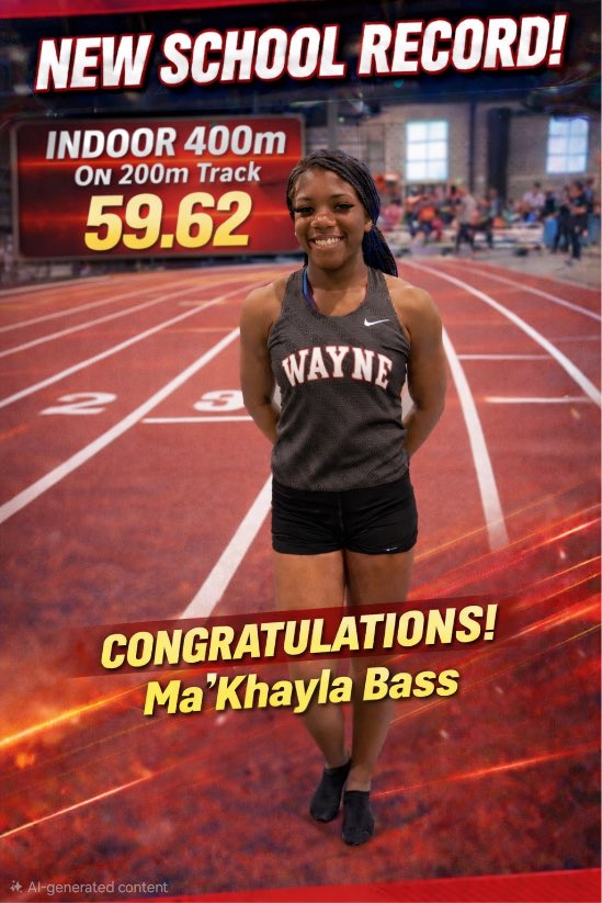 TrackWayne's tweet image. School record alert- congratulations to Ma’Khayla Bass-the sophomore sprinter broke the school record in the indoor 400 m dash(on a 200 m flat track) today at the Mount Vernon high school invitational