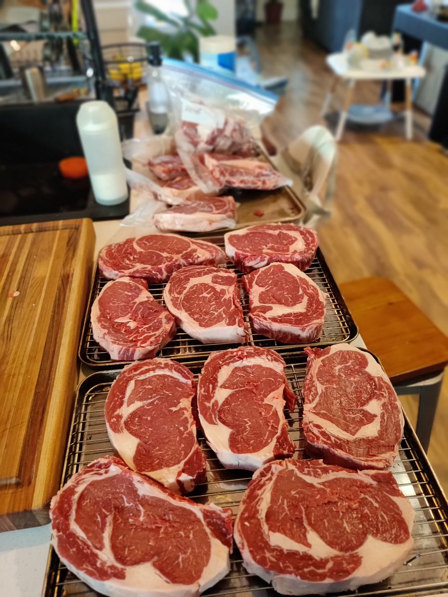 CoinbaseCorner's tweet photo. @Ford_Nick 10 ribeyes for dinner and 5 for the freezer - last week after buying a rib primal from Costco https://t.co/QWePvGx8Z8