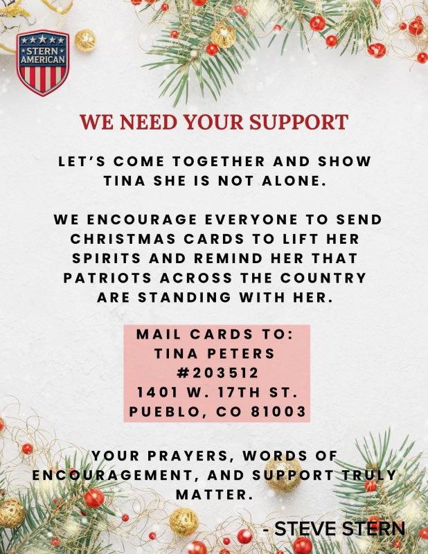 AsheinAmerica's tweet image. Tina’s team is visiting her in prison today, and they called me on a lunch break. Since there has been a lot of confusion on this topic, I asked them if letters to the prison were now okay, and they said — as of now — yes! 

Please send Tina a Christmas card!