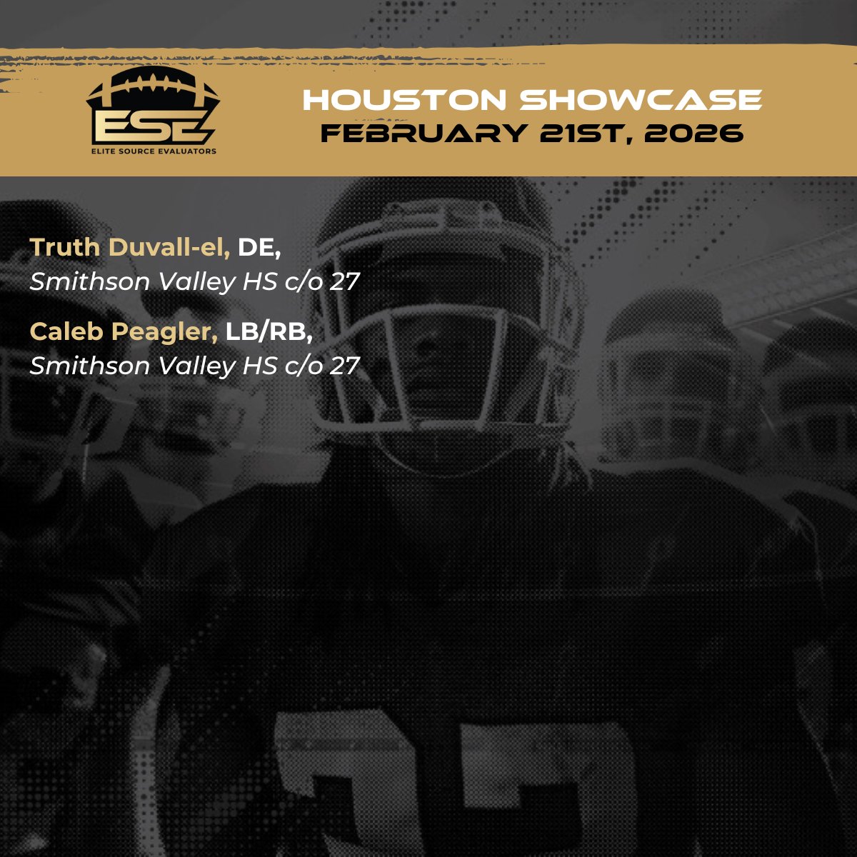 Congratulations! The following players have been identified as some of the Top Players in the state of Texas and are invited to attend the 2026 ESE Gridiron Showcase.  

#ESE #PLAYERTOWATCH #ELITE #ISITYOU