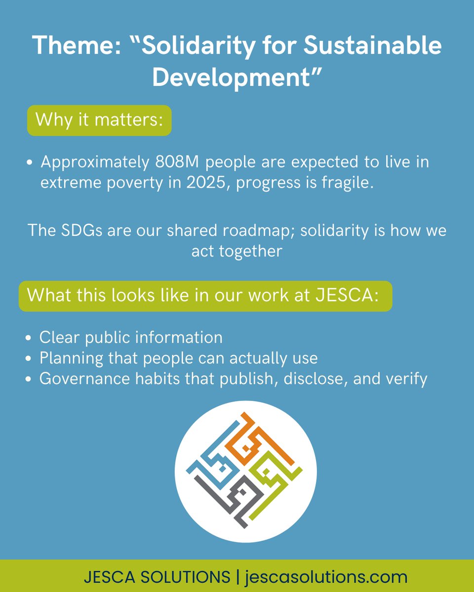 JescaSolutions's tweet photo. Human Solidarity Day.

Theme: Solidarity for Sustainable Development.
Clear plans, open data, accountable delivery, small habits that add up to inclusion. ~808M in extreme poverty reminds us that work is urgent.

#HumanSolidarityDay #SDGs #JESCASolutions https://t.co/MmctbaCMjB