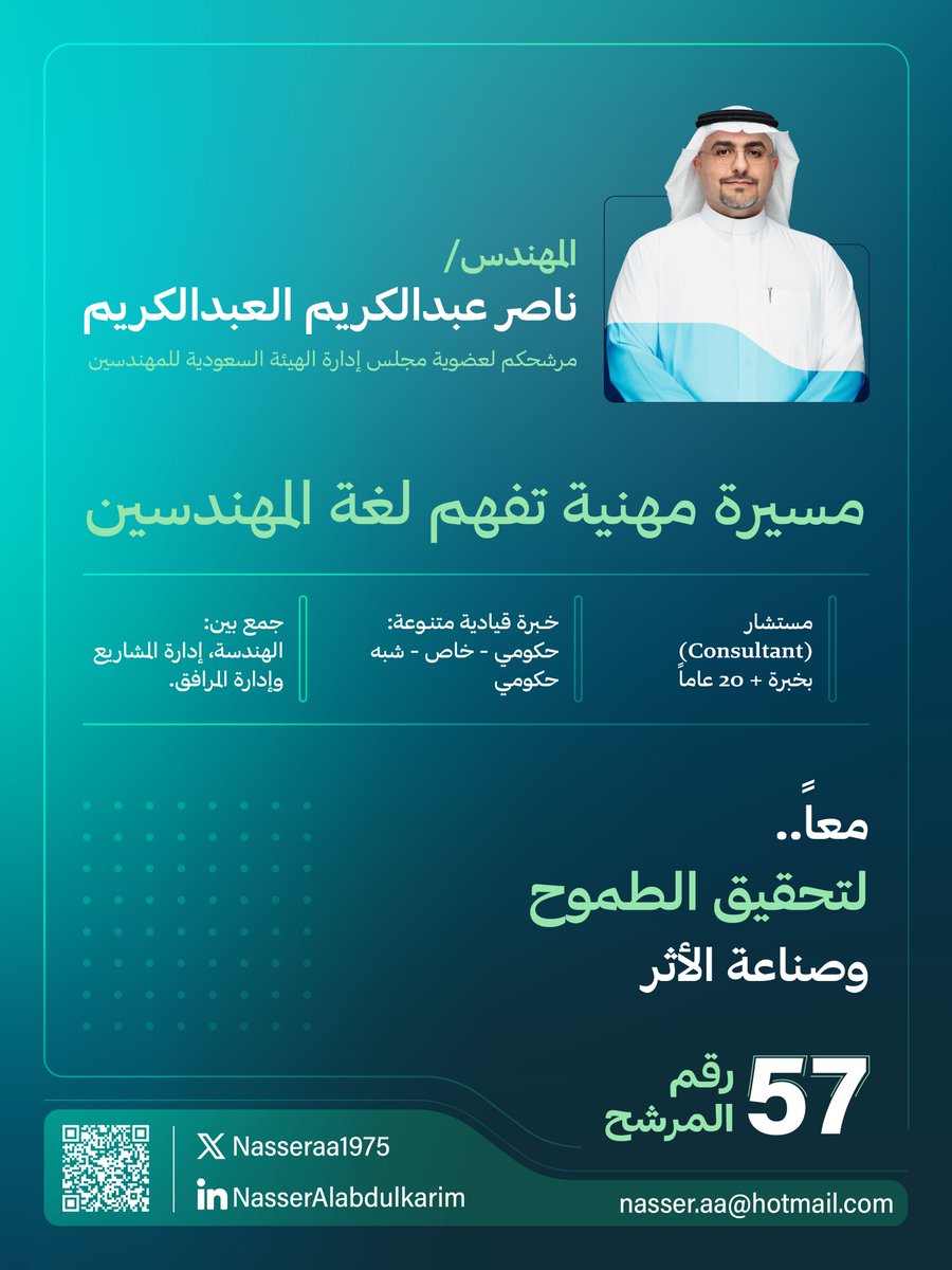 زملائي وزميلاتي.. العمل الهندسي ليس مجرد نظريات، بل هو ممارسة وتحديات يومية تتطلب فهماً عميقاً للواقع. من هذا المنطلق، وبعد مسيرة مهنية امتدت لأكثر من 20 عاماً تنوعت خبرتي فيها بين التخطيط والتنفيذ والتشغيل في مختلف القطاعات؛ أتقدم للترشح لعضوية مجلس إدارة