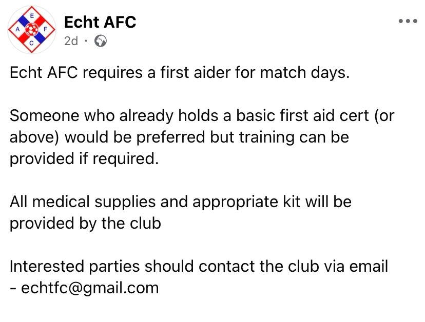 Echt Amateur Football Club are based 13 miles from Aberdeen City Centre, and play in the Premier Division. 
The club are currently on the lookout for a first aider for match days, anyone interested please get in touch. Reposts welcome, thank you. <a href="/scottish_aff/">AmateurFixturesResultsSCO</a> <a href="/AbshireAFA/">Aberdeenshire AFA</a>