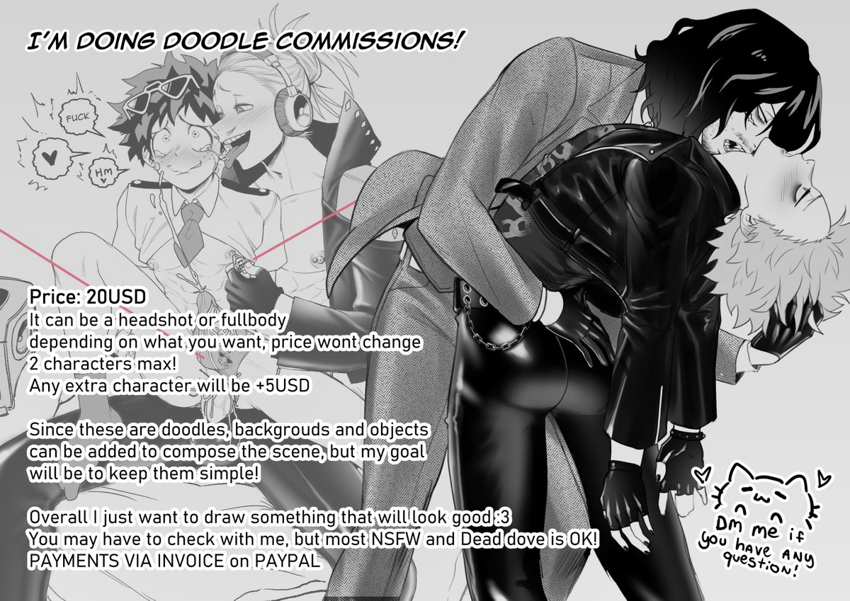 ★Hello!! im updating my comm info!
(❁´◡`❁)
★Currently open to drawing BNHA and Iruma-kun characters, as well as OC x Canon and selfship!

★I am now opening 5 slots! you can also save a spot in my waitlist, just let me know!

★Find more info on my trello!