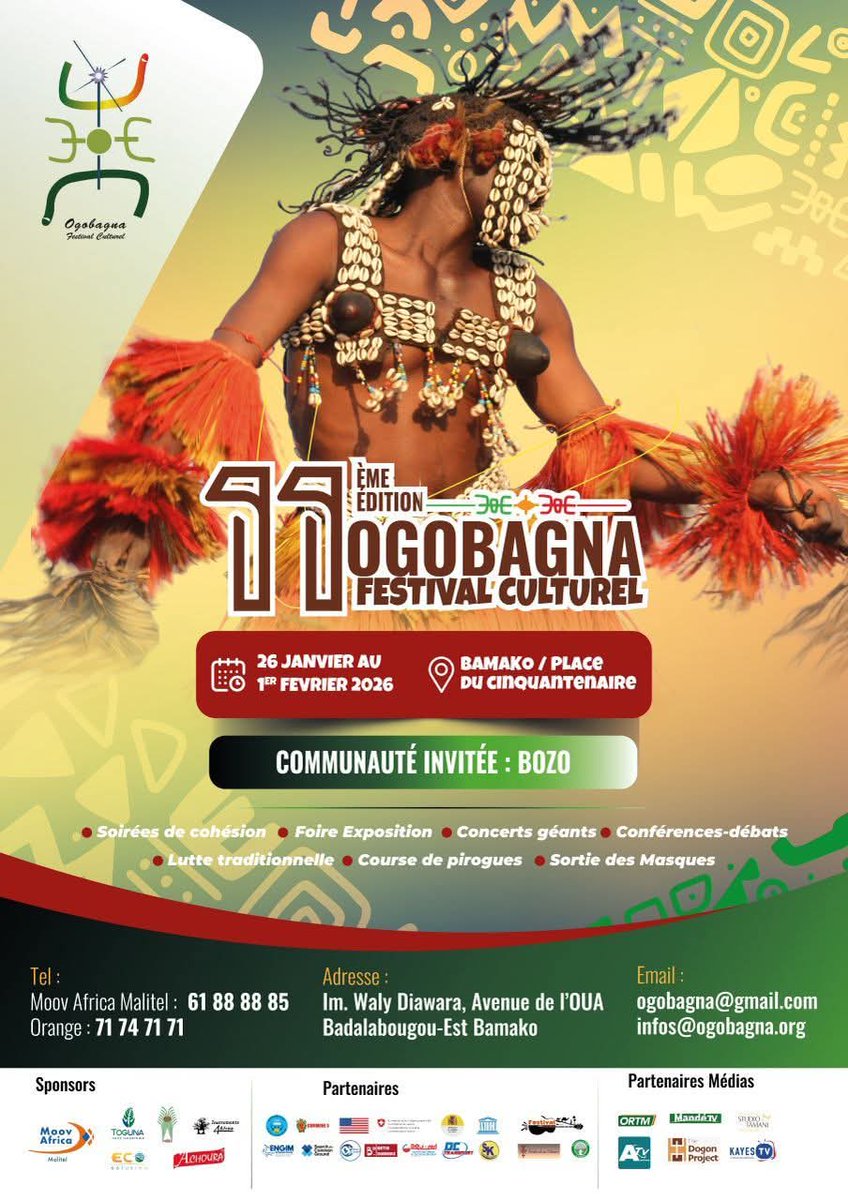 Le compte à rebours est lancé et nous comptons sur vous!
La 11ème édition de <a href="/DogonFestival/">Festival Ogobagna</a> se tiendra du 2️⃣6️⃣ janvier au 0️⃣1️⃣ février 2️⃣0️⃣2️⃣6️⃣ à la Place du Cinquantenaire de #Bamako.
#Ogobagna, la #culture nous unit !
#Ogobagna2026 #festival #Culture #Bamako #Mali