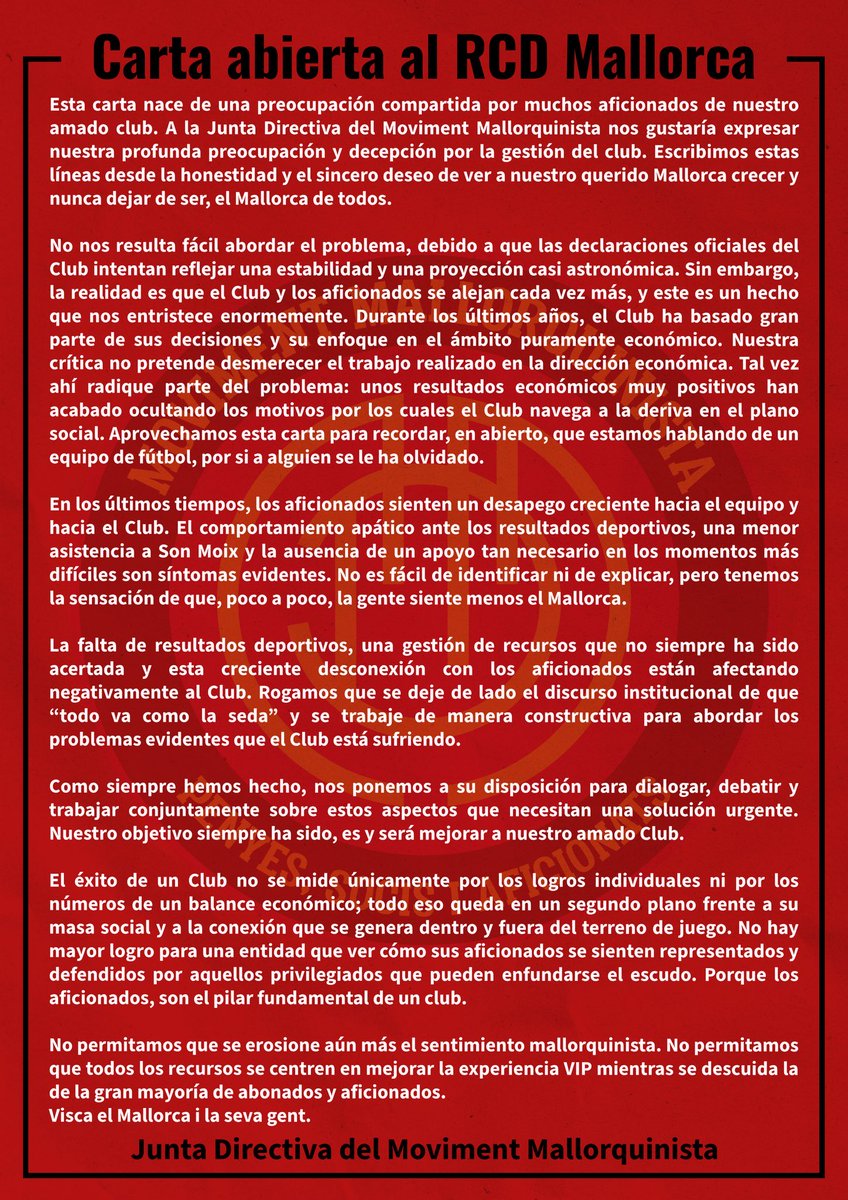 🔴 El <a href="/MMallorquinista/">Moviment Mallorquinista</a> expresa su preocupación y decepción por la gestión social del <a href="/RCD_Mallorca/">RCD Mallorca</a> 

🗣️ “Poco a poco la gente siente menos al Mallorca”

📻 <a href="/fibwiradio/">Fibwi Radio Deportes</a>