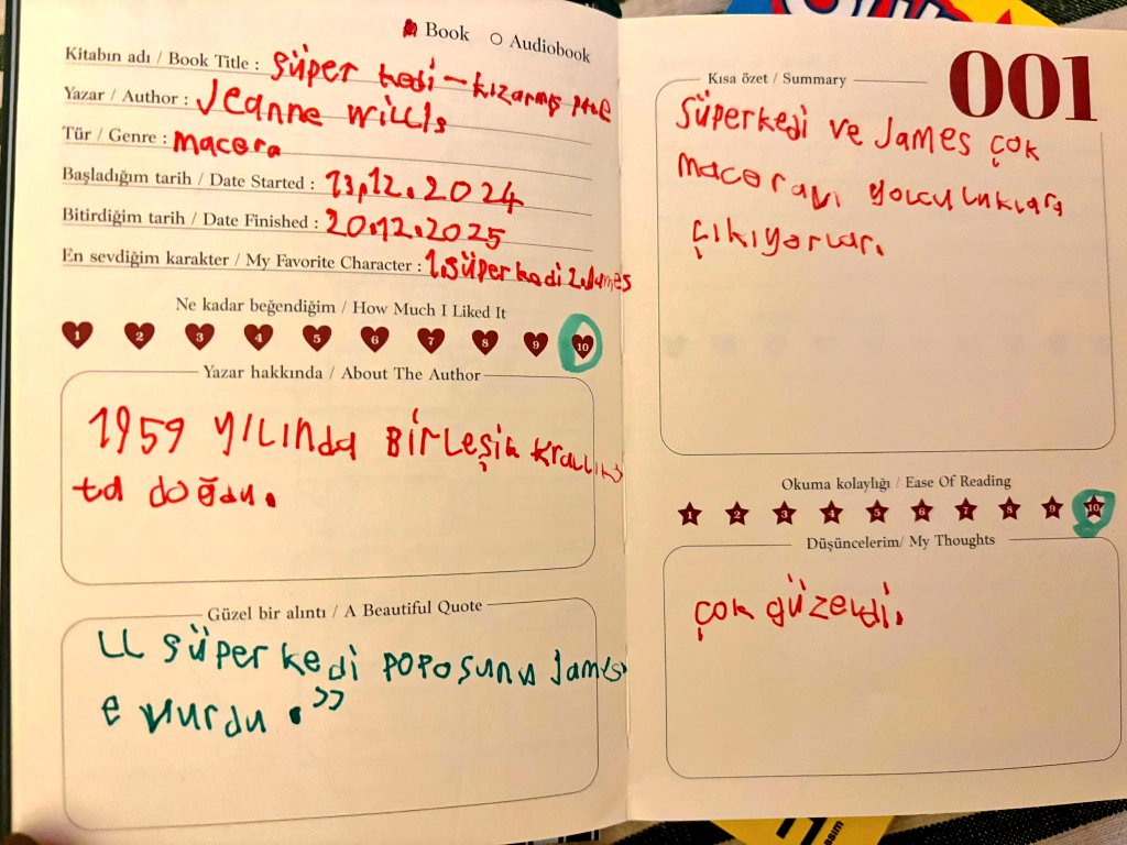 Oğlan kitap ajandası tutmaya başladı. Annesi güzel bir ajanda almış. İlk kitaba dair bilgiler bugün girildi. En sevdiğim kısım alıntı oldu:
"Süper Kedi poposunu James'e vurdu."
:)