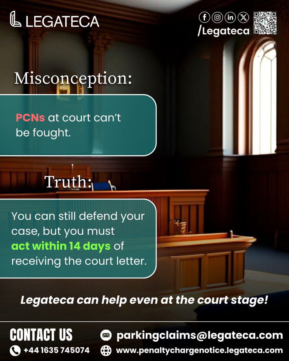 A PCN reaching court doesn’t mean it’s over. You can still challenge it. Quick action within 14 days can protect your rights and strengthen your defence.

Visit us at: penaltychargenotice.legateca.com

#legateca #MisconceptionVsTruth #PCN #ParkingChargeNotice #LegalAwareness #CourtStage