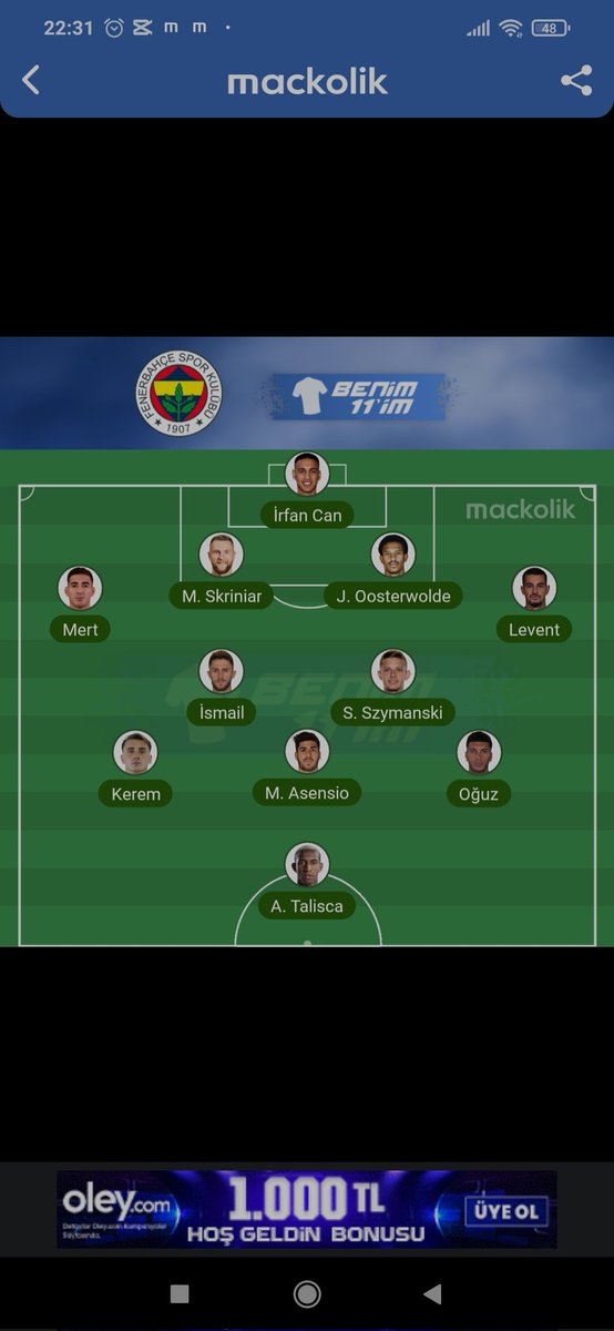 Fenerbahçe Beşiktaş Derbi ilk 11 boyle oldu