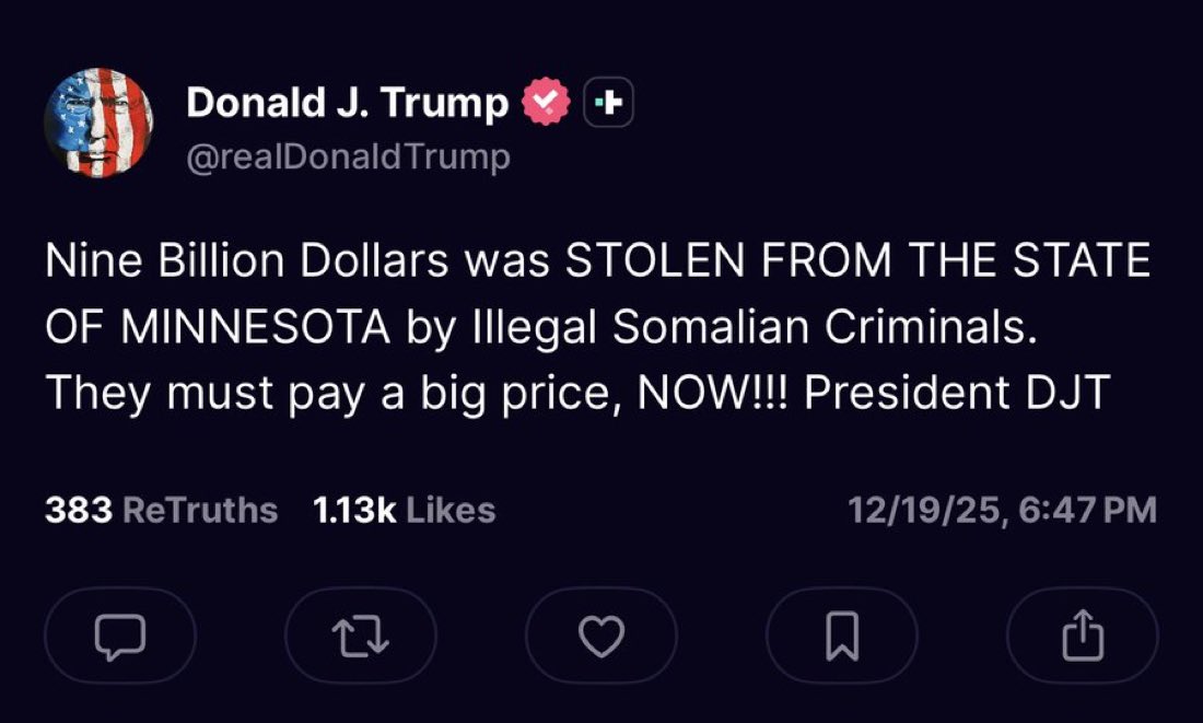 Deport every Somalian immigrant in Minnesota back to their homes and arrest every Democrat politician that helped facilitate their *NINE BILLION DOLLARS* of fraud.