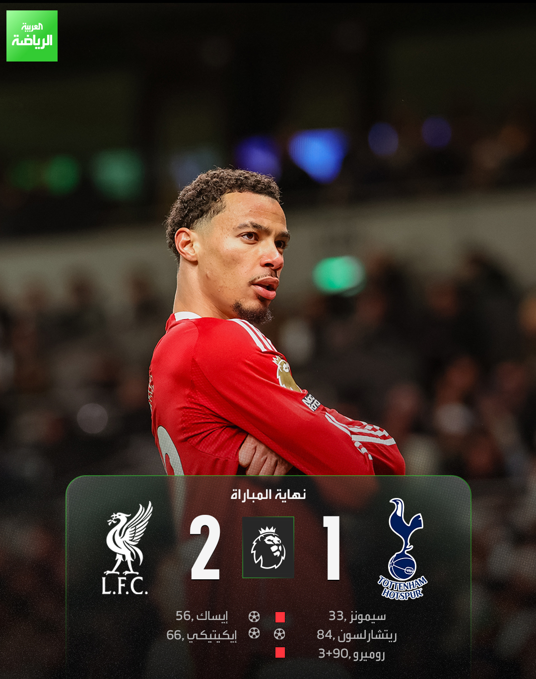 ليفربول يحسم قمة الجولة الـ 17 ويحقق فوزه الثالث على التوالي. توتنهام 1 (ريتسارلسون) ليفربول 2 (إيساك - إيكيتيكي). الدوري الإنجليزي. توتنهام 