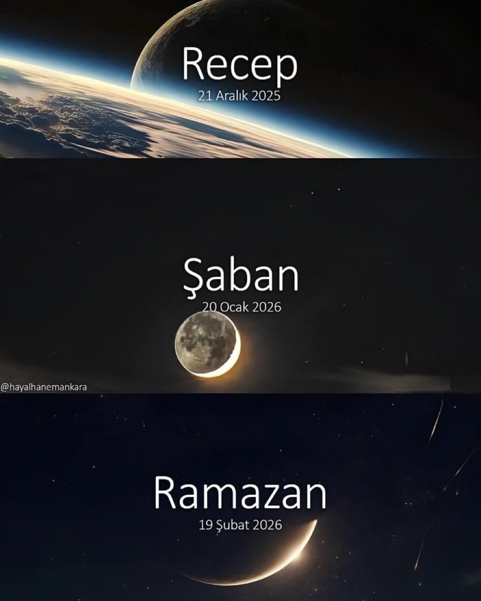 Receb Ayı EKME
Şaban Ayı SULAMA
Ramazan İse HASAT AYIDIR!

 Üç Aylar,
 Göklerden gelen hoş bir sedâ'dır..

"Allah'ım!
Bize Receb'i ve Şaban'ı mübarek kıl ve bizi Ramazan'a ulaştır."

Rahmet kapılarının aralandığı,
Rahmet iklimi olan #ÜçAylar 
Ümmetin uyanışına, kurtuluşuna
Zafer