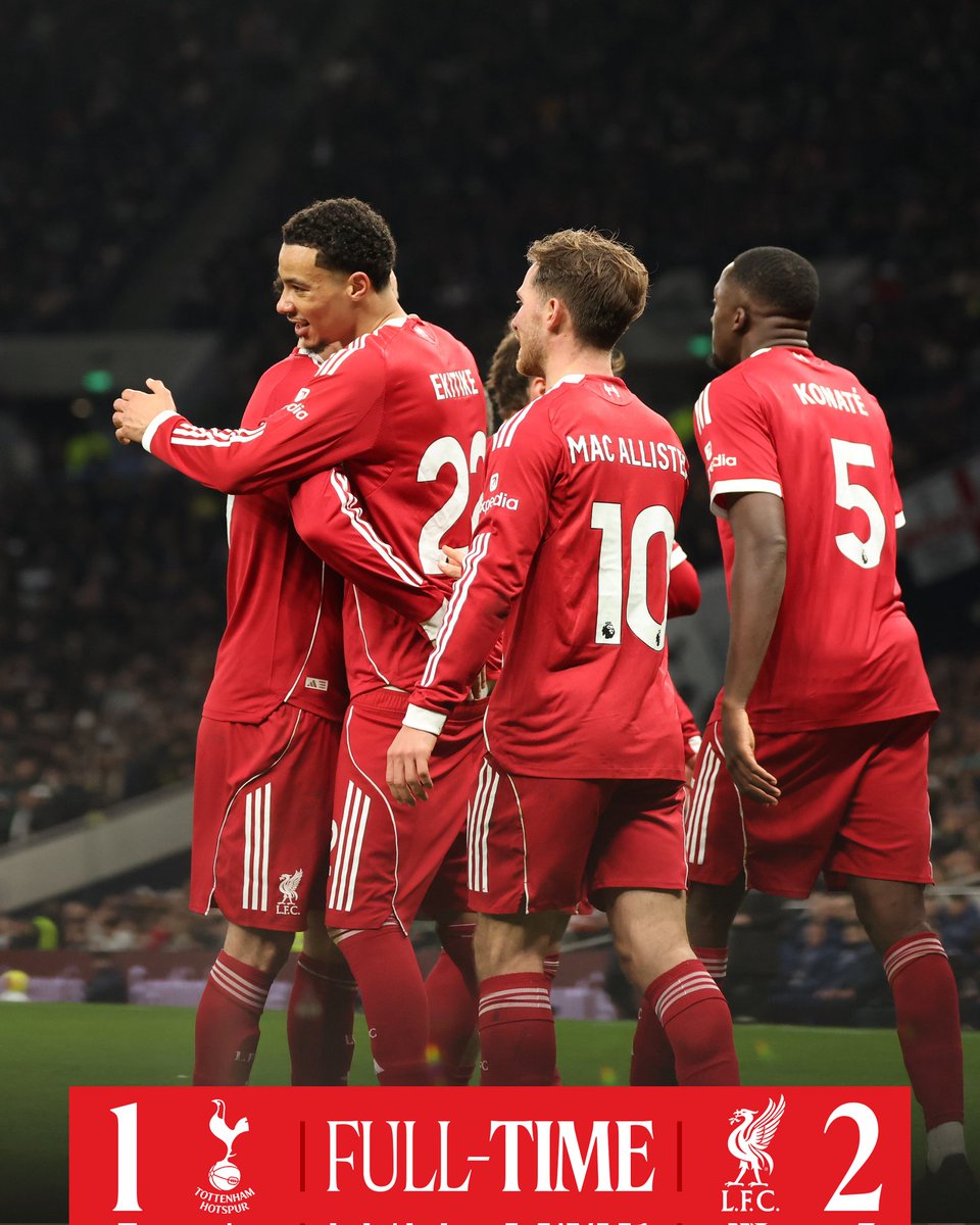 AnfieldAfter90's tweet photo. 💥It ends with a 2-1 win

⚽Bitter sweet for Isak

⚽Ekitike showing he's first choice

⚽The Toffee Richarlison haunts us again

🟥Yet another red for @SpursOfficial after Romero makes a silly kick at Konaté

⏫Onto @Wolves next week

#TOTLIV #EPL #EnglishPremierLeague https://t.co/hhCAyklgCQ