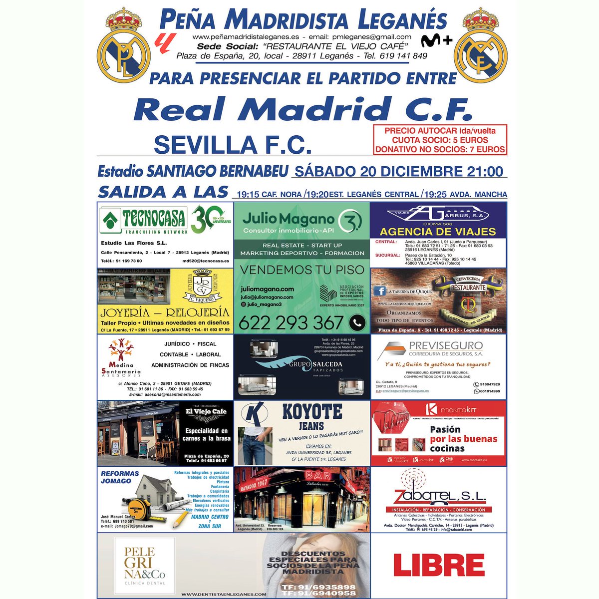 pmleganes's tweet photo. 🏟️REAL MADRID C.F. - SEVILLA F.C.
🚌Nuestra próxima salida hacia el Santiago Bernabéu
📅20/12/2025
🕘Salida del autobús: 19:15
⚽Comienzo del partido: 21:00
#PeñaMadridistaLeganés
#VeteranosYNoveles
#HalaMadridYNadaMás https://t.co/IJjLYrtJi5