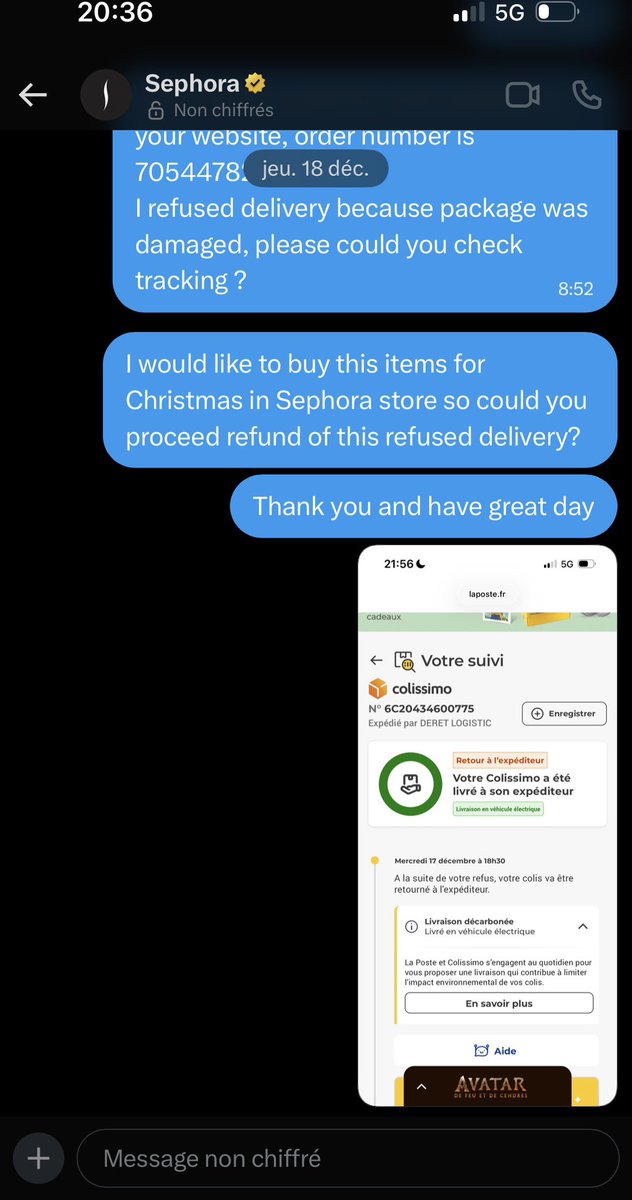 bouteille30's tweet photo. @Sephora I can assure you that i sent DM, have you power to make something with sephora France? I’m loosing my patience.
Order number 7054478290, for a refused delivery due to broken package with no redund at the moment.
Thank you for considering and think about if this will hapen to you https://t.co/cWNOOKelA5