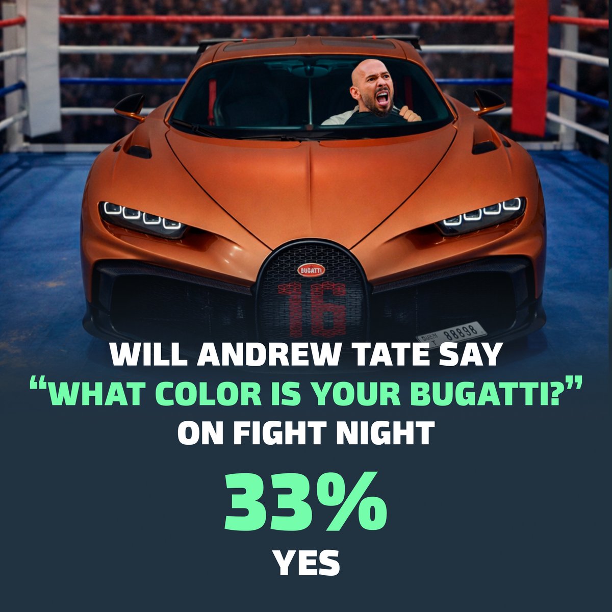 You already know the line… 🏎️
Does it get said tonight?

Market says 33% YES
Predict now 👉 duel.bz/TateBugatti

#MisfitsMania #TateDeMoor