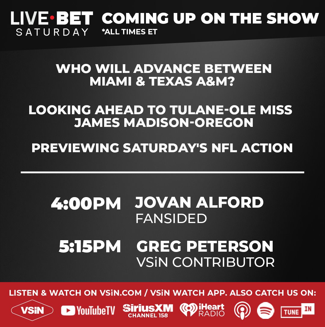 VSiNLive's tweet image. Live Bet Saturday continues with @BottomLineLex and @NotTheeWillHill at the top of the hour.

Live updates on the ending of Miami and Texas A&amp;amp;M, plus a look ahead to what's still to come on this busy Saturday.

Guests: @Jovan10 @GUnit_81 

Listen Live: vsin.com/listen-live/