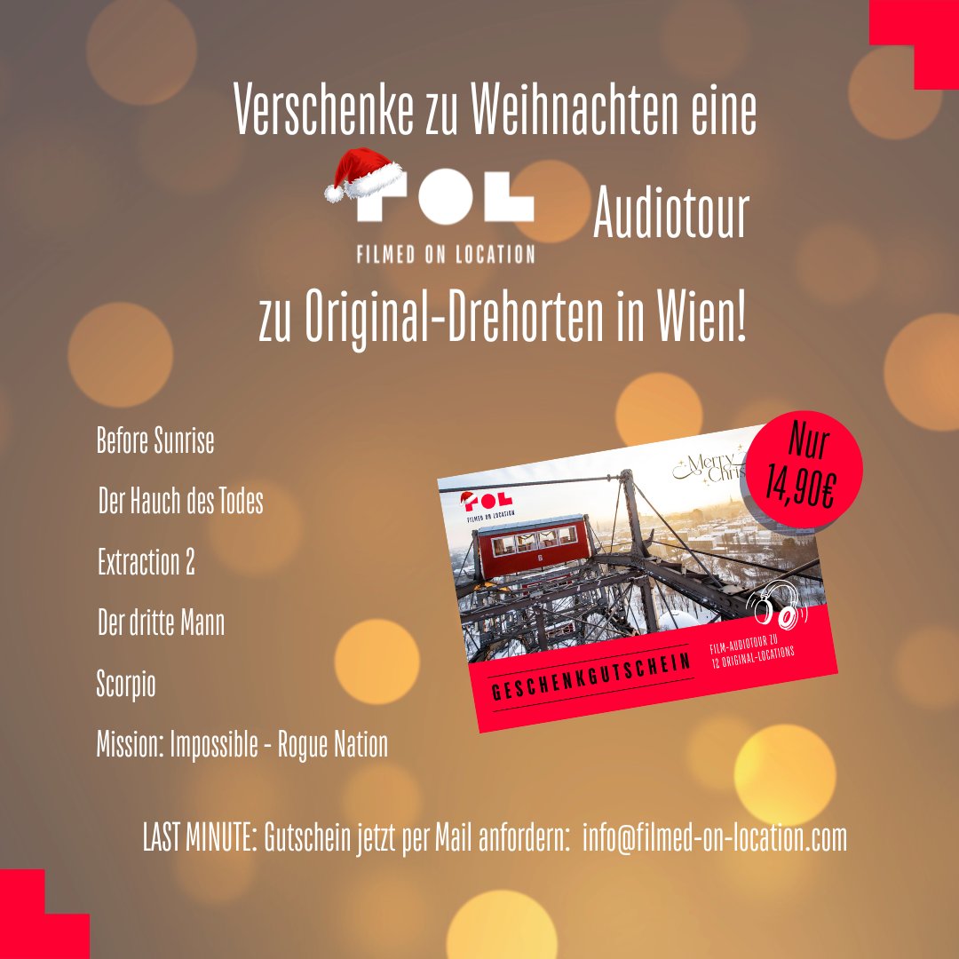 Wer sucht noch ein Geschenk für Weihnachten?
Gutscheine für eine FILMED ON LOCATION Audiotour per Mail oder Abholung in Wien 7 bis 24.12.2025 12:00. 
Alles Infos auf der Webseite! 
Bestellung hier: info@filmed-on-location.com