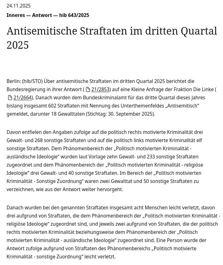 Antisemitische Straftaten:

Rechts: 268 Sonstige und 3 Gewalttaten
Links: 11 Sonstige

Aber Dieter Nuhr und andere bürgerlich reaktionäre behaupten Antisemitismus wäre ein Problem der politisch Linken. 🤡